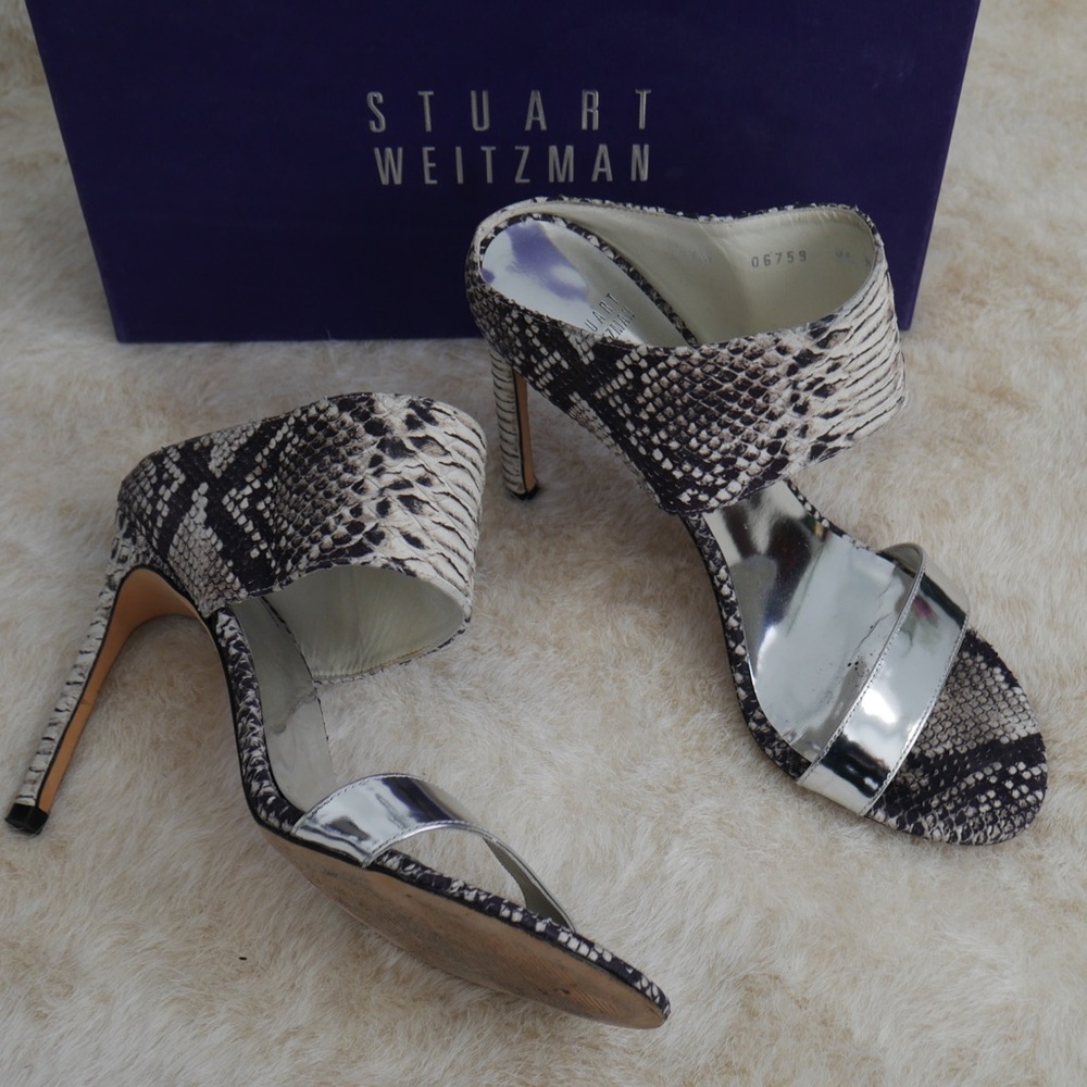 Stuart Weitzman heel mules snake print leather 9.5